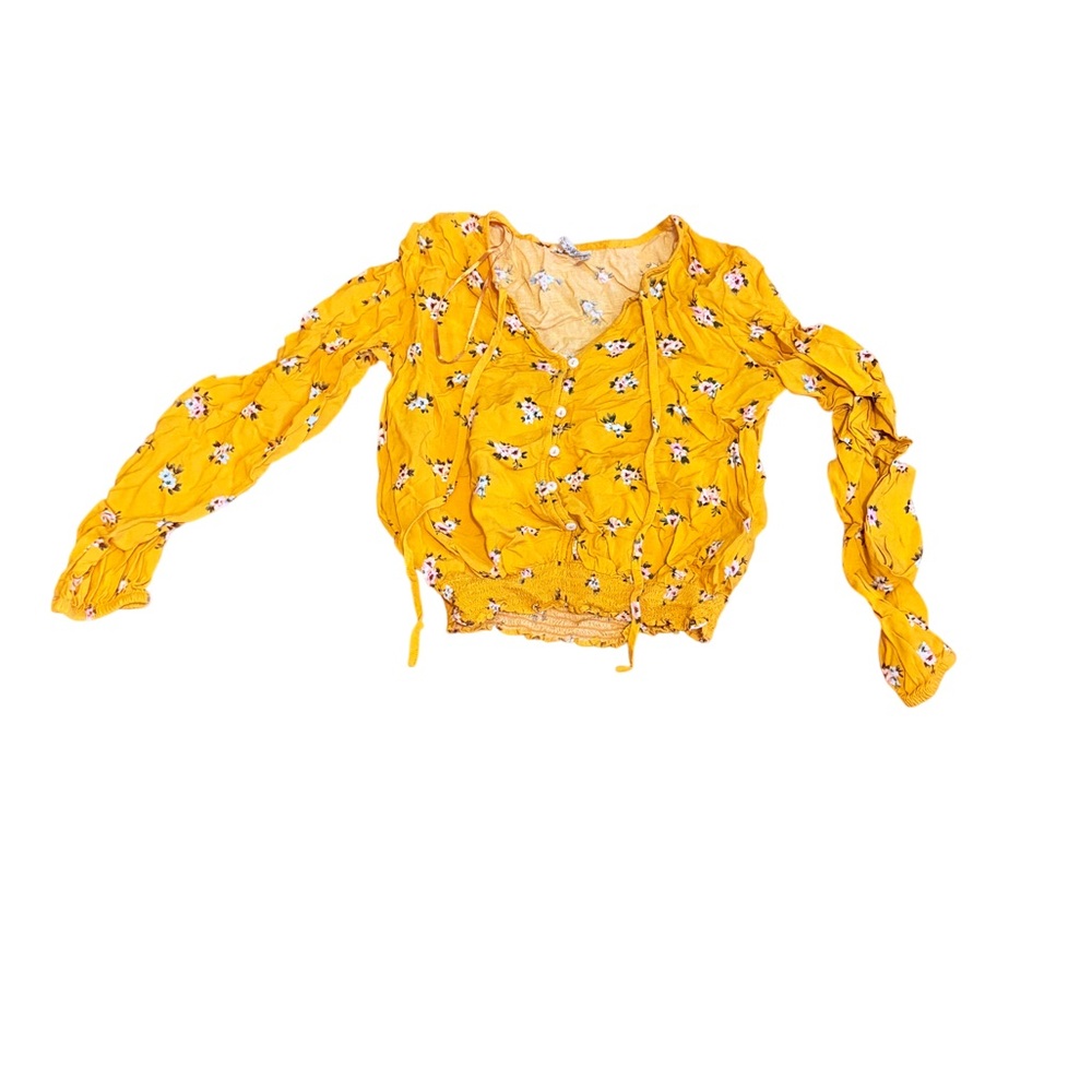 Yellow Floral V-Neck Long Sleeve Crop‎ Top (AB3)